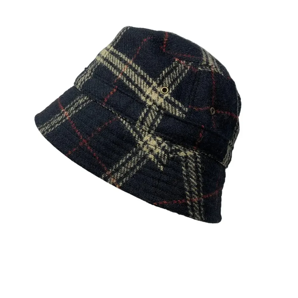 J.Crew Bucket Hat Womens Size M/L Black Cream Plaid 100% Lambs Wool